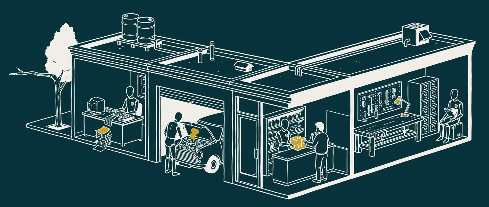 After Tune-Up: the same street at night, every problem fixed and marked in brass, the workshop lit