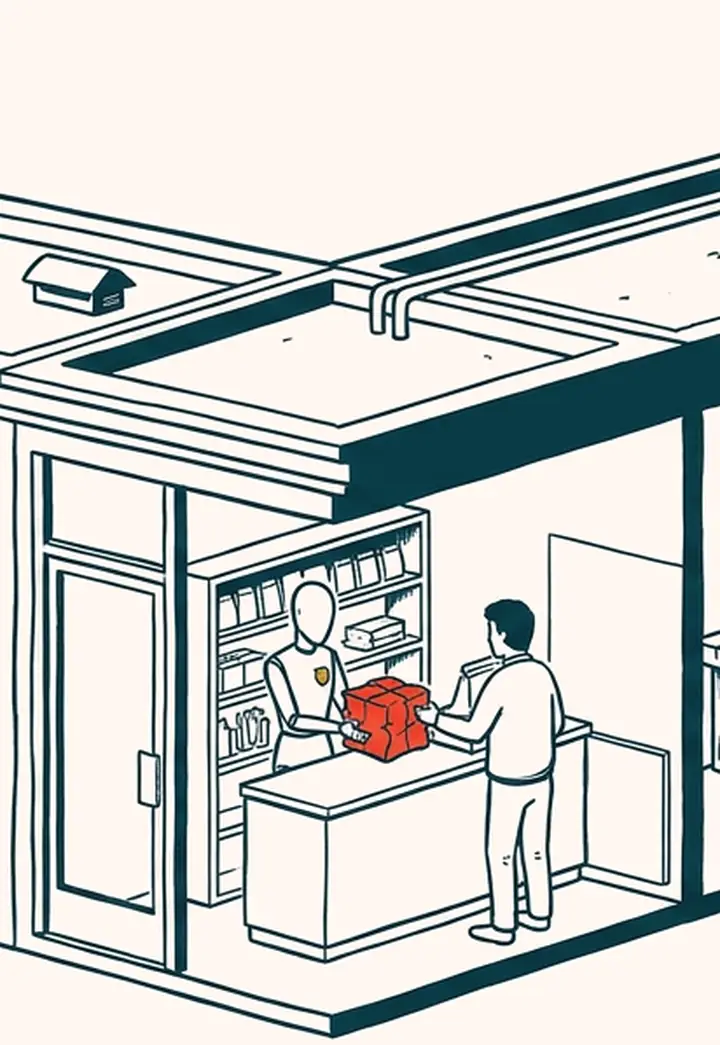 An AI agent handing a parcel to a customer